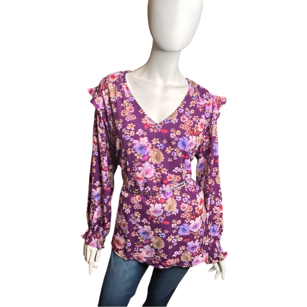 PIONEER WOMAN XL Floral Blouse Purple Ruffle Detail Long Sleeves